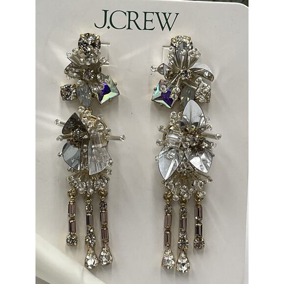 J. Crew White Crystal and Sequin Gold Tone Drop Dangle Earrings Shiny Bling New - Picture 7 of 13